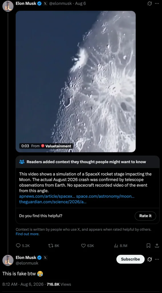 Screenshot of Elon Musk reposting Valuetainment's fake SpaceX video on X, followed by his post clarifying it was fake