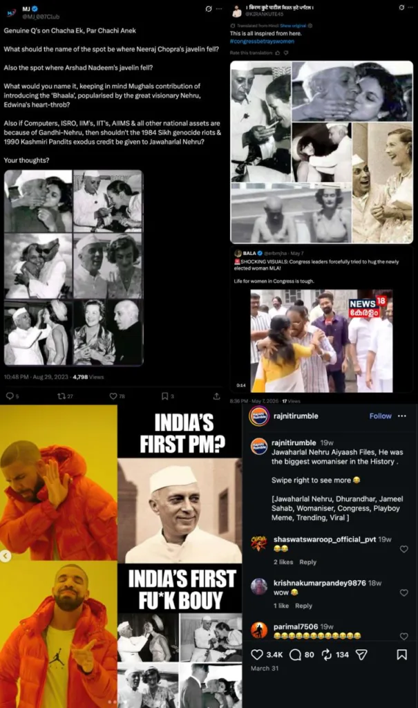 Screenshots of viral social media posts and memes containing archived photos of Jawaharlal Nehru used in targeted misinformation campaigns.