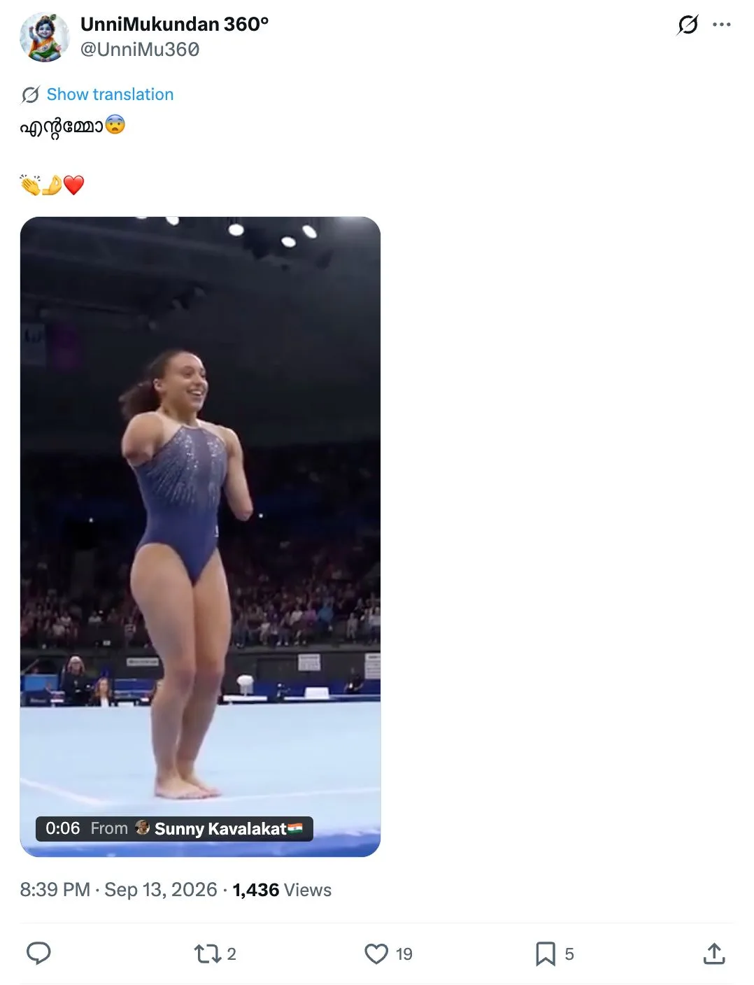 Screenshot of an X post by @UnniMu360 reposting the viral video of a disabled gymnast, analyzed in an Offbeat Concerns fact-check report.