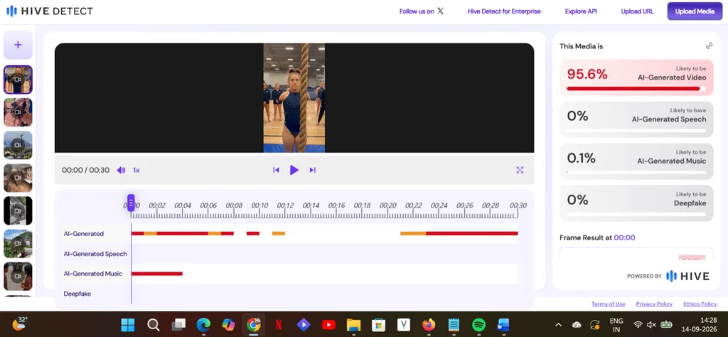 Hive Moderation AI detection screenshot showing 95.6% probability of AI-generated content for the viral video of an armless woman climbing a rope.