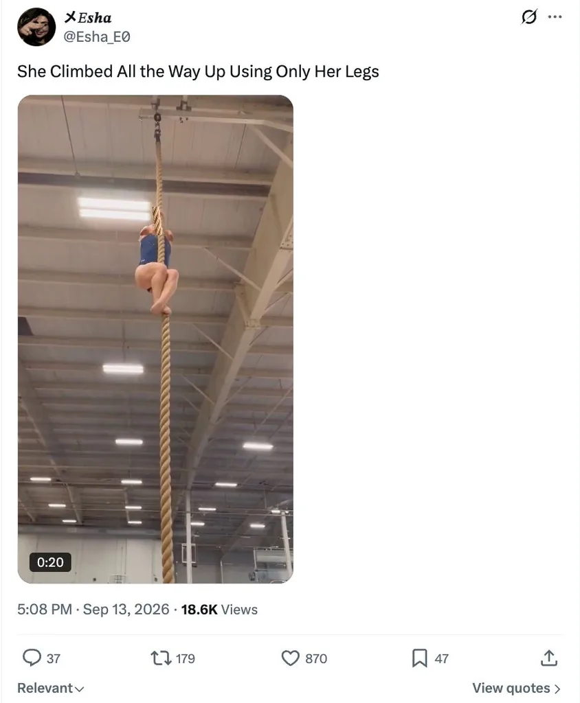 Screenshot of an X post by @Esha_E0 showing a viral video of an armless woman climbing a rope, analyzed in an Offbeat Concerns fact check.
