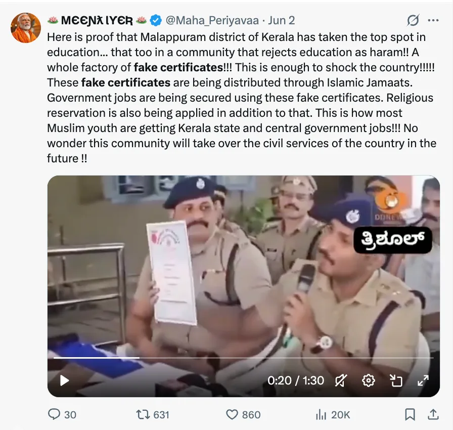 Screenshot of an X post by @Maha_Periyavaa falsely claiming fake certificates in Malappuram were distributed through Islamic Jamaats.