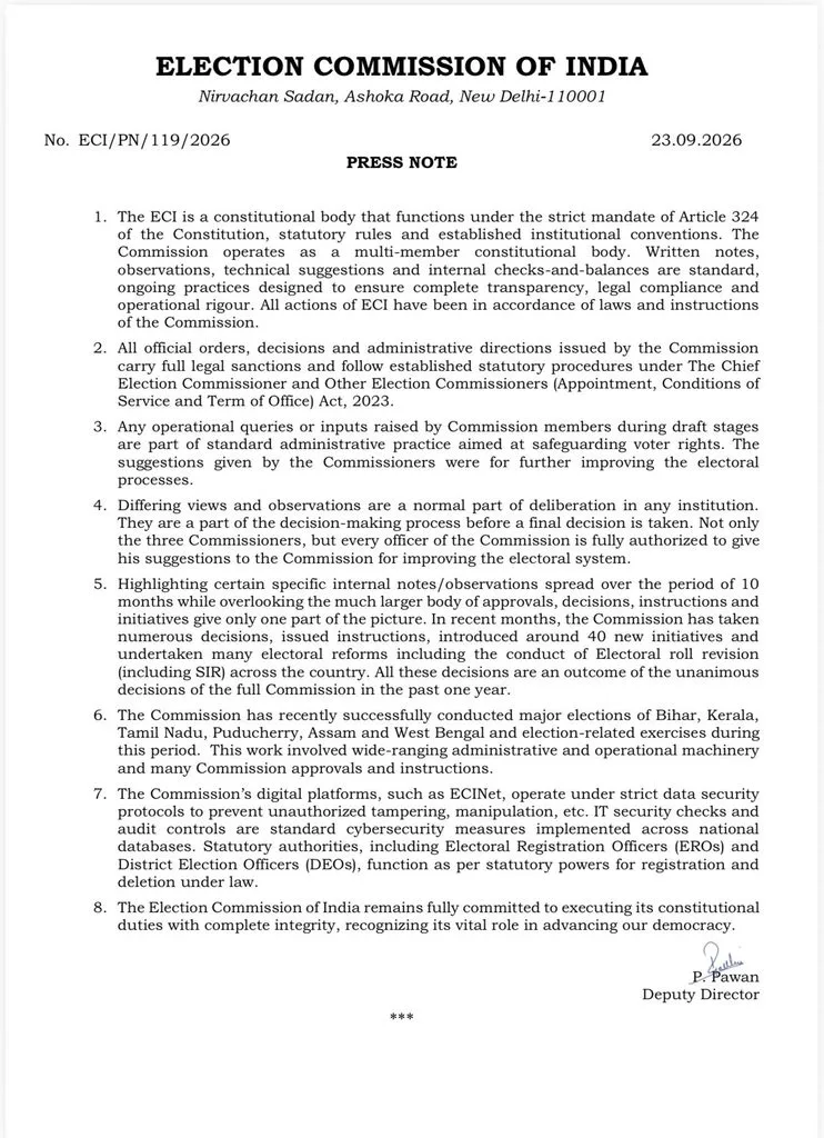 Official press note issued by the Election Commission of India regarding internal dissent and voter list revision controversy