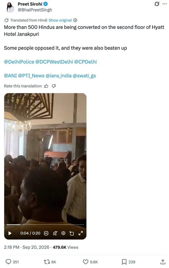 Screenshot of an X (Twitter) post by Preet Sirohi claiming that 500 Hindus were being converted at the Hyatt Centric Hotel in Janakpuri, Delhi.