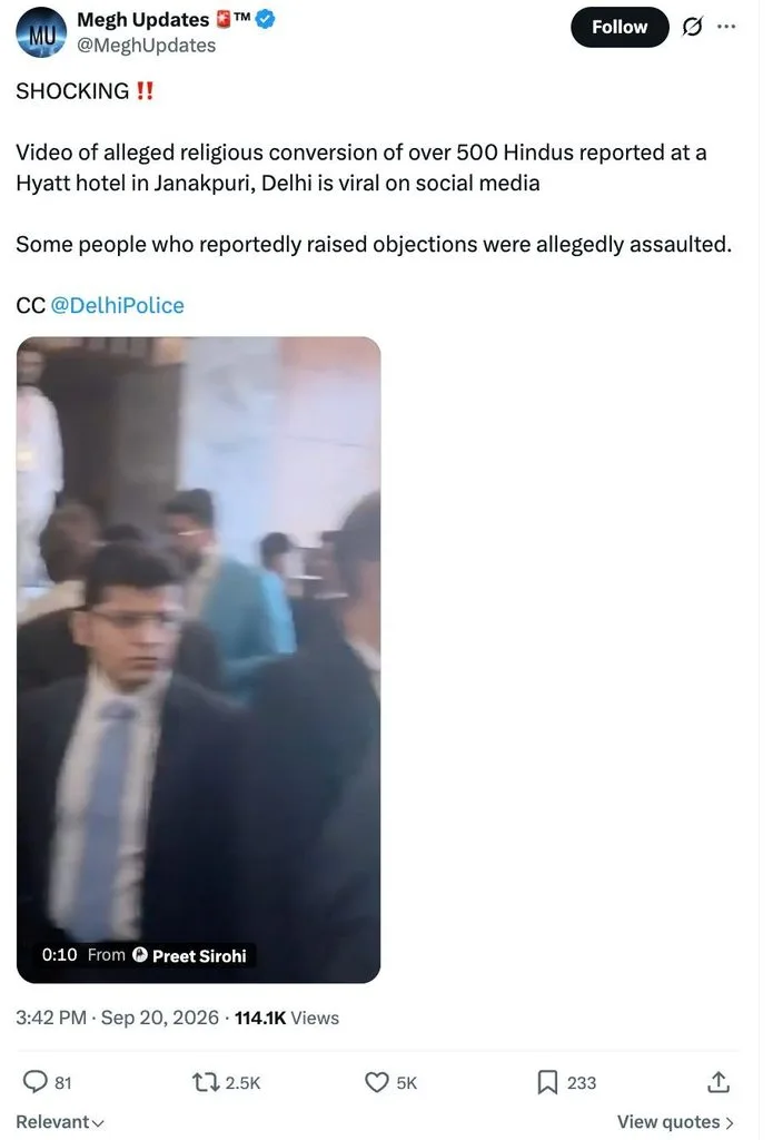 Screenshot of an X (Twitter) post by Megh Updates reposting video footage of alleged religious conversions of over 500 Hindus at a Hyatt hotel in Janakpuri, Delhi.