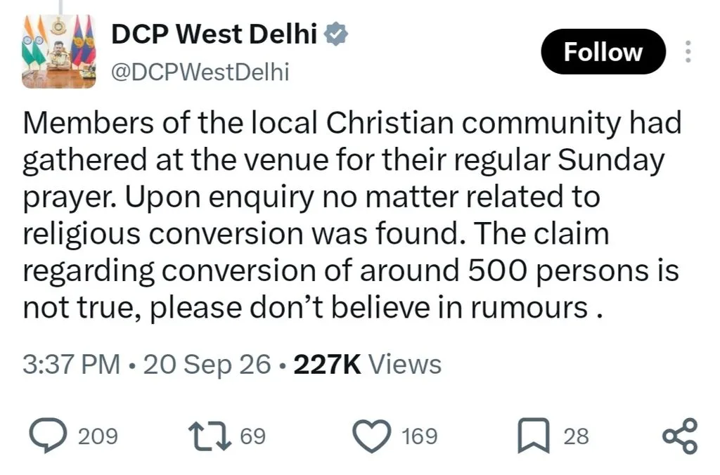 Screenshot of an official X post by DCP West Delhi stating that a Christian community gathering in Janakpuri was for regular Sunday prayer and that claims of religious conversion involving 500 people are untrue.