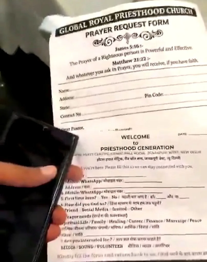 Screenshot showing printed prayer request and membership intake forms from Global Royal Priesthood Church used during a community gathering.