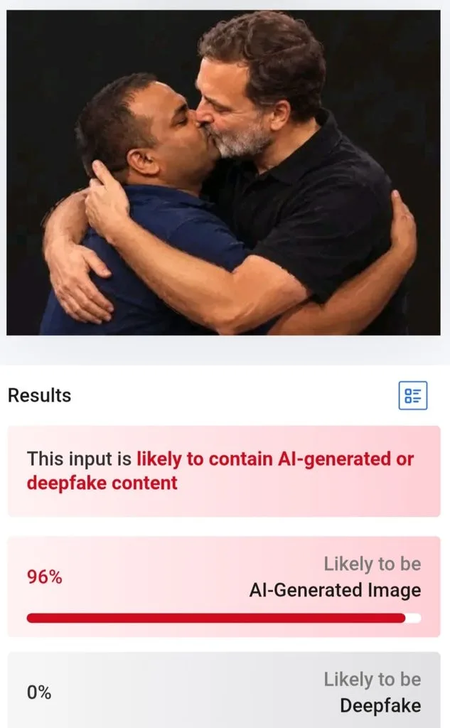 AI detection tool analysis result showing fake viral Rahul Gandhi image is 96 percent AI-generated