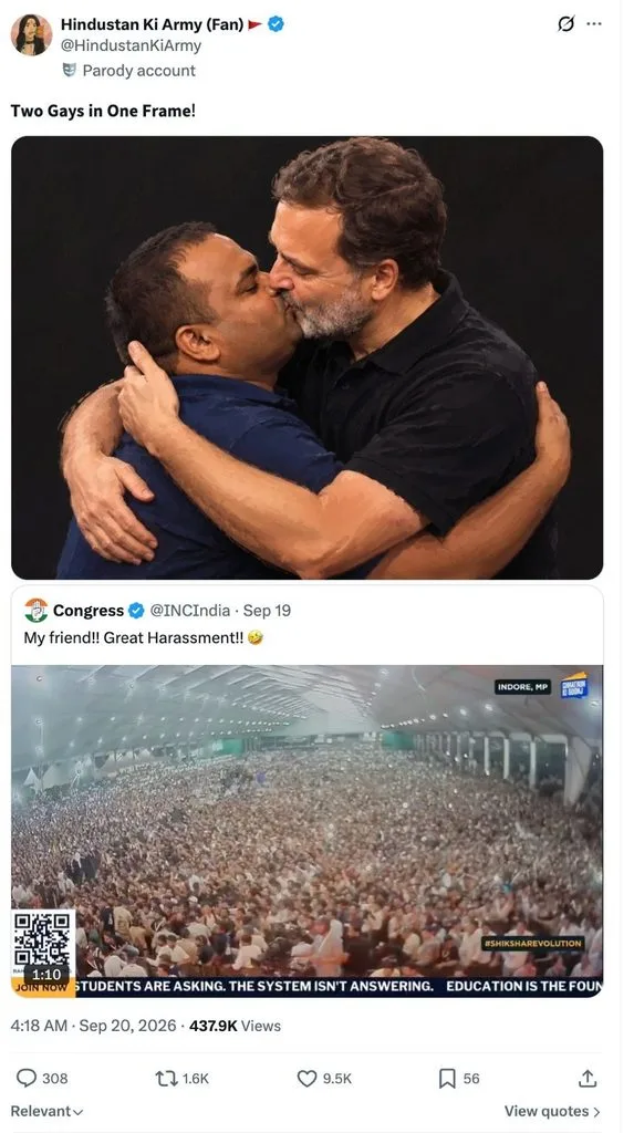 Screenshot of viral X post displaying a deepfake AI generated image of Rahul Gandhi and Pulkit Mani