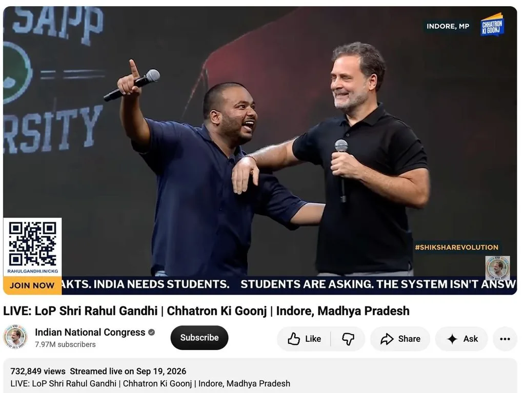 Screenshot of official Indian National Congress YouTube stream showing Rahul Gandhi and Pulkit Mani at Chhatron Ki Goonj event in Indore