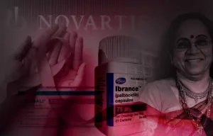 A photo of a life-saving cancer medicine bottle placed beside an Indian currency note, depicting the high cost of patented drugs.