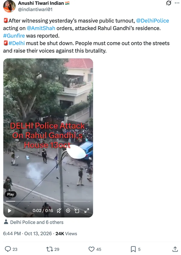 "Screenshot of the post by 'indiantiwari01' on X falsely claiming that Delhi Police attacked Rahul Gandhi's residence."