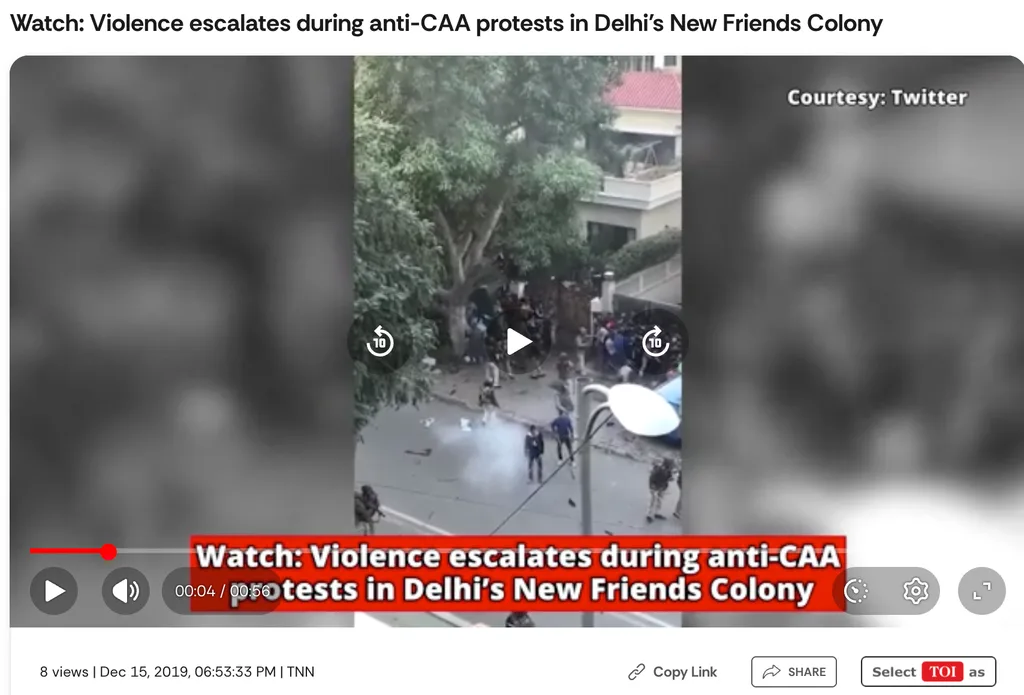 "Screenshot of The Times of India report showing visuals from the anti-CAA protests in 2019."