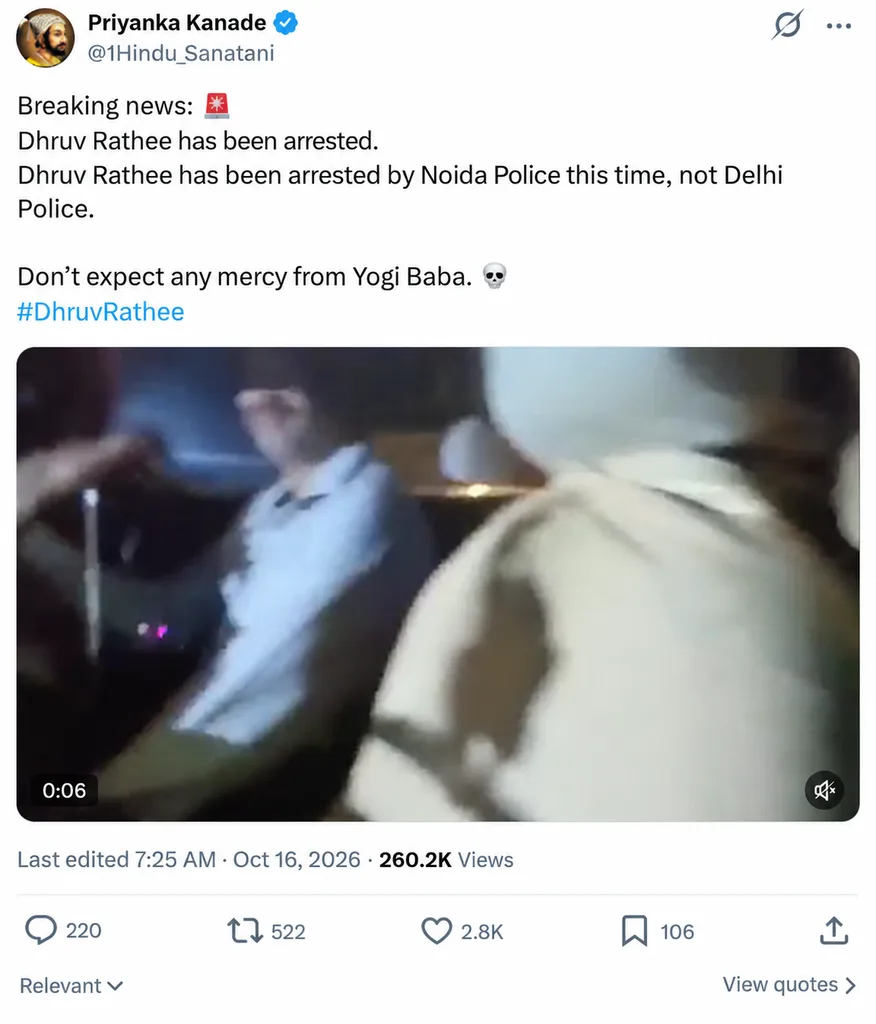 1Hindu_Sanatani X account post claiming Dhruv Rathee was arrested by Noida Police