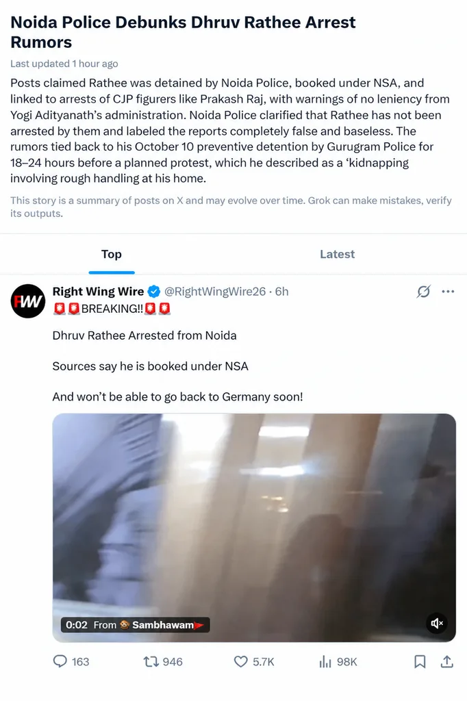 Noida police clarification post on X debunking fake news about Dhruv Rathee arrest