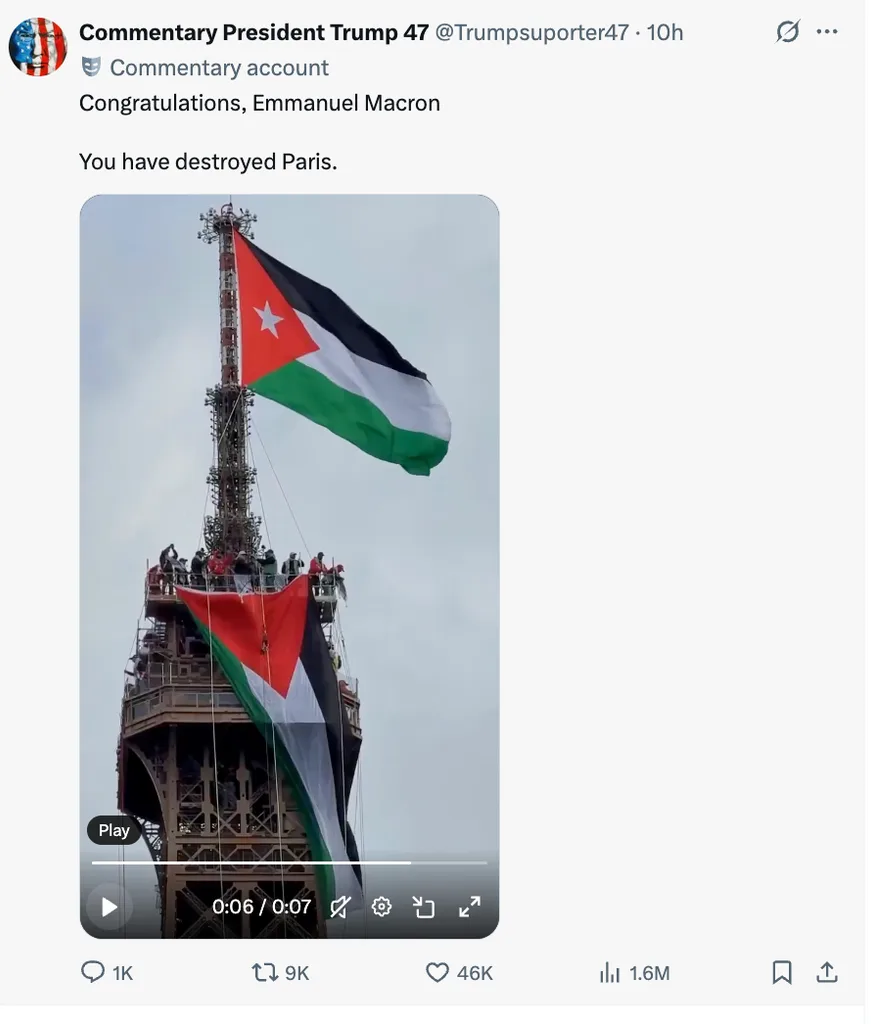 X post showing a video of a Palestinian flag flying over the Eiffel Tower
