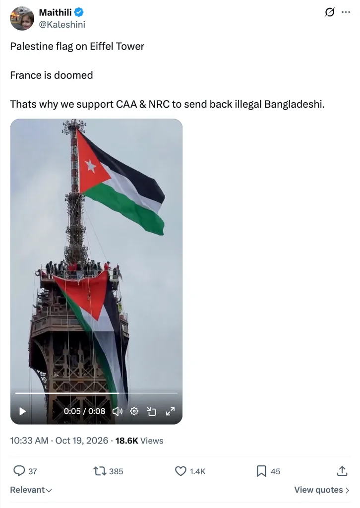 X post showing a video of a Palestinian flag flying over the Eiffel Tower
