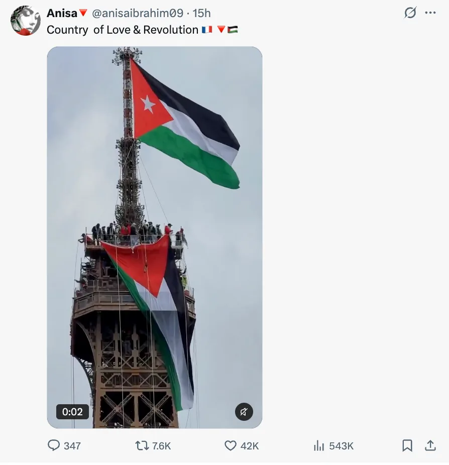 X post showing a video of a Palestinian flag flying over the Eiffel Tower