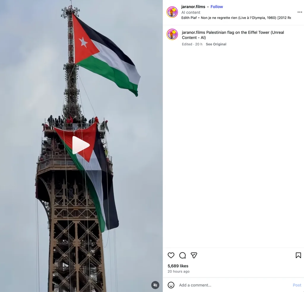 Instagram post from 'jaranor.films' disclosing that the Eiffel Tower video is AI-generated