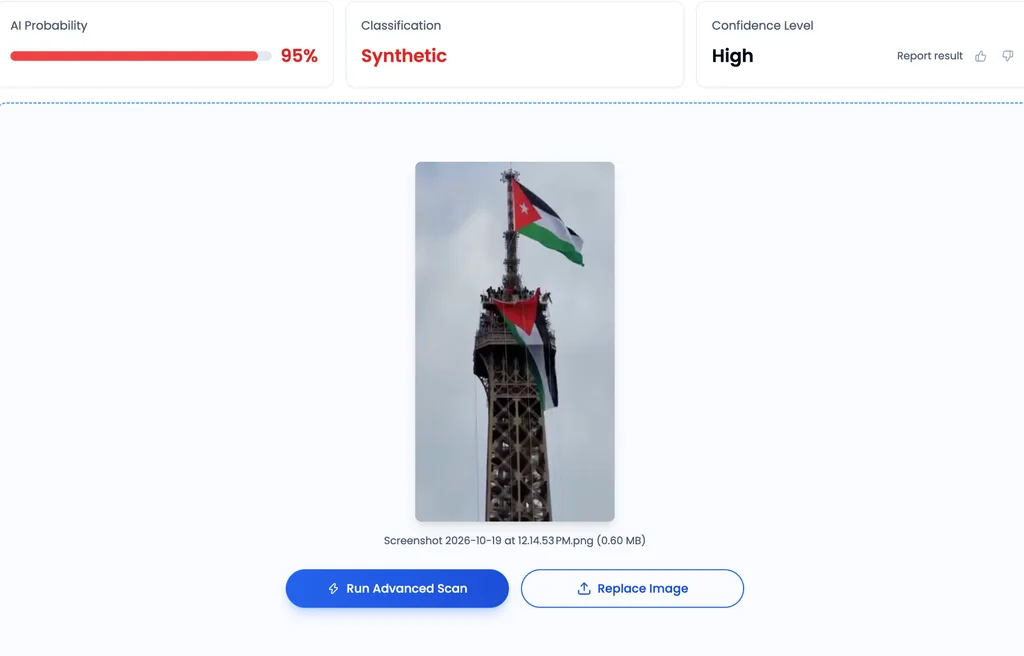 Software analysis result confirming that the Eiffel Tower video is AI-generated