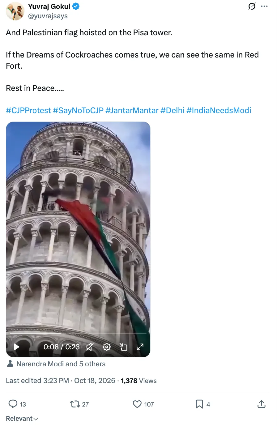 X post from the account 'Yuvrajsays' claiming that a flag was hoisted on the Leaning Tower of Pisa