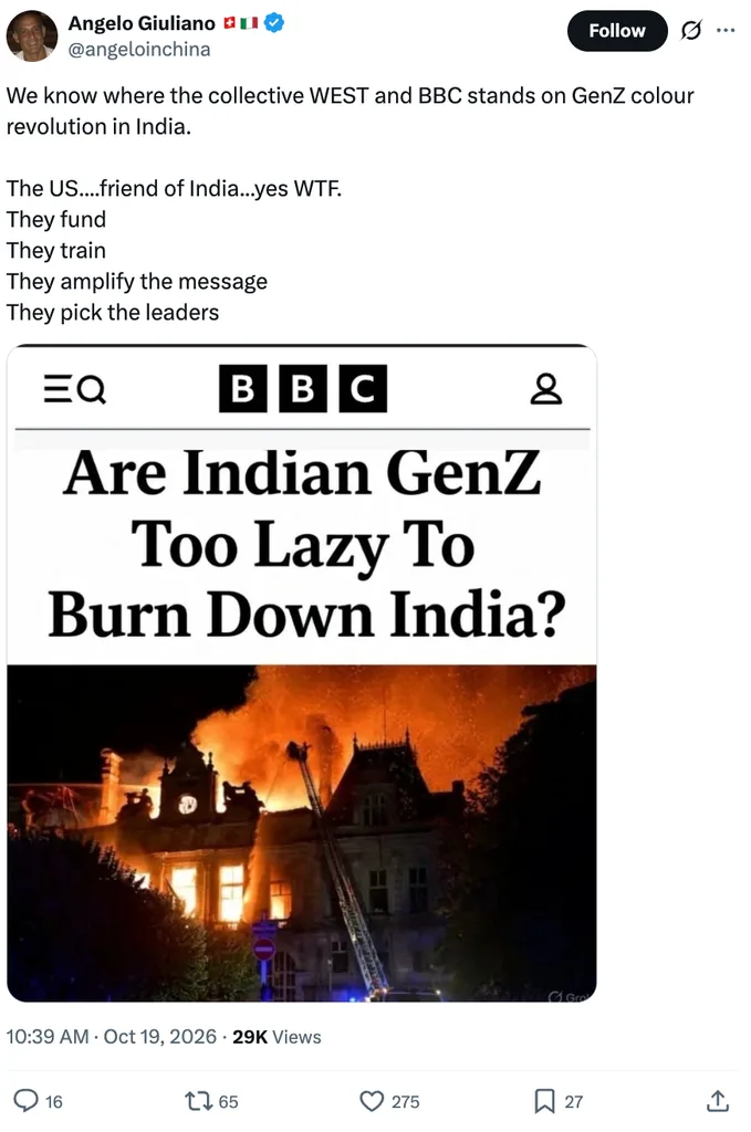 X (Twitter) post by @angeloinchina featuring a fabricated BBC News headline asking "Are Indian GenZ Too Lazy To Burn Down India?"