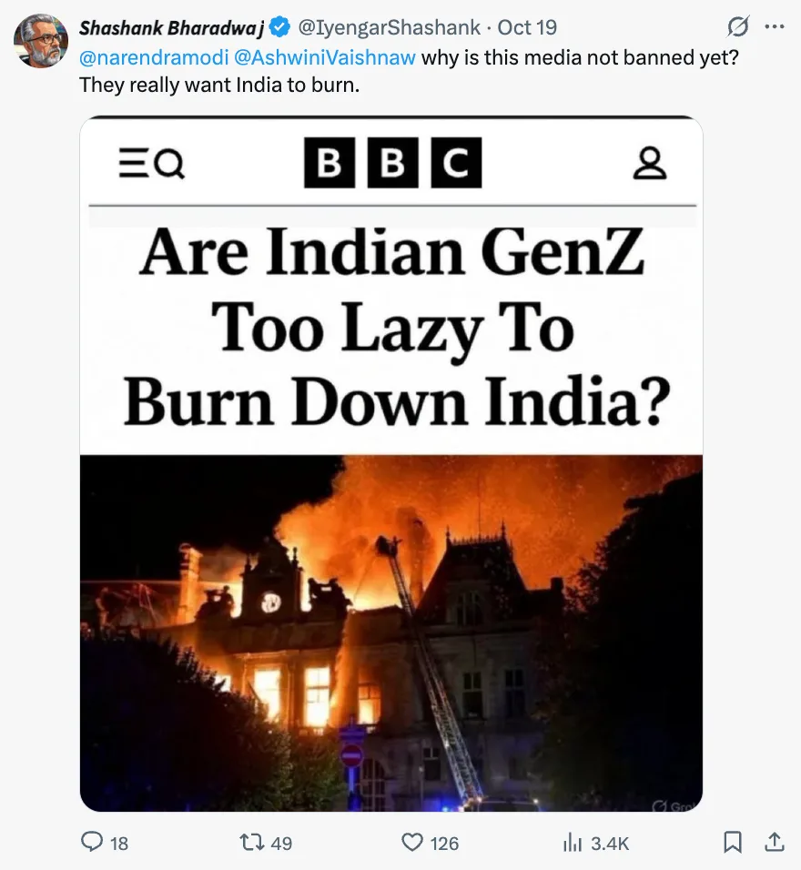 X (Twitter) post criticizing a fabricated BBC News headline and tagging official accounts including Prime Minister Narendra Modi