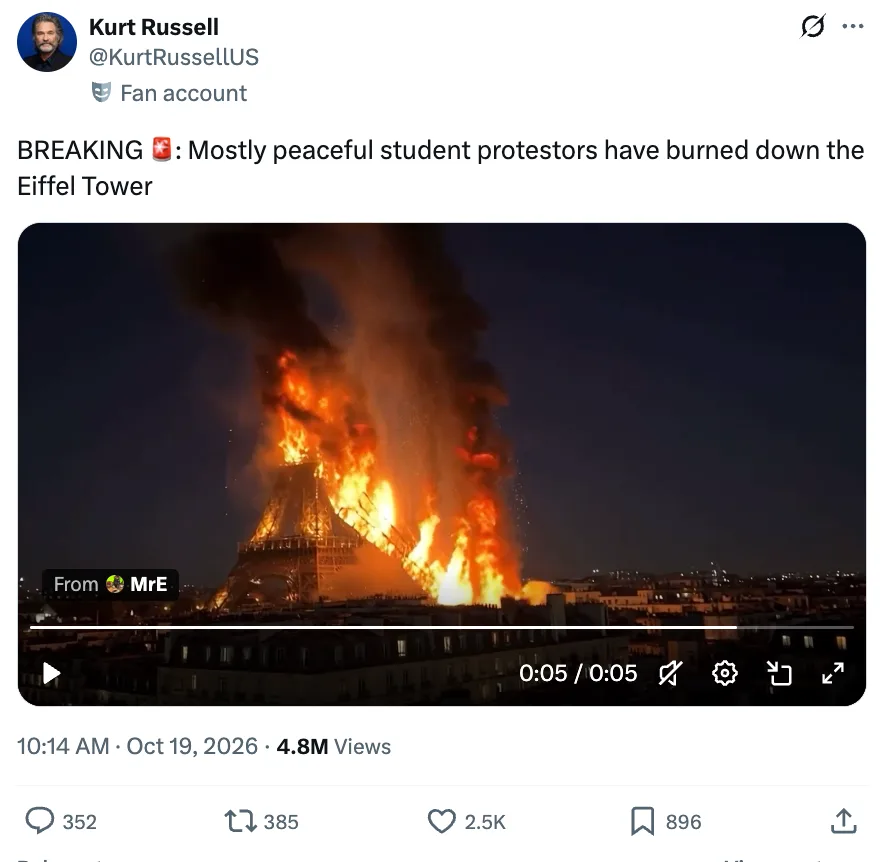X (Twitter) post by @KurtRusselUS featuring a false claim and video stating that student protesters burned down the Eiffel Tower