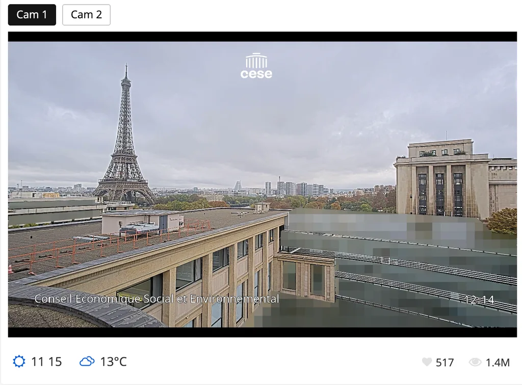Live CESA CCTV feed screenshot showing the Eiffel Tower undamaged in Paris during the protests