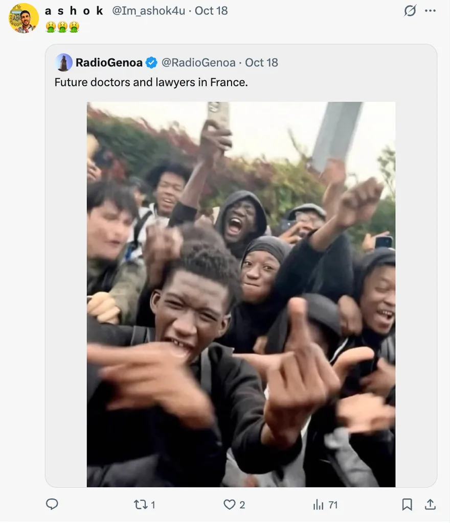 Racially-toned post shared on X by Im_ashok4u targeting the student protest in France