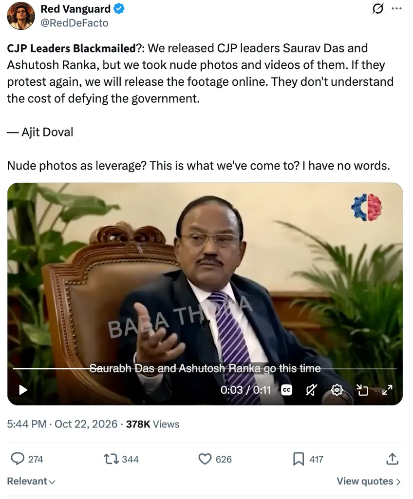 Ajit Doval fake video tweet on X regarding CJP leaders Ashutosh Ranka and Sourav Das