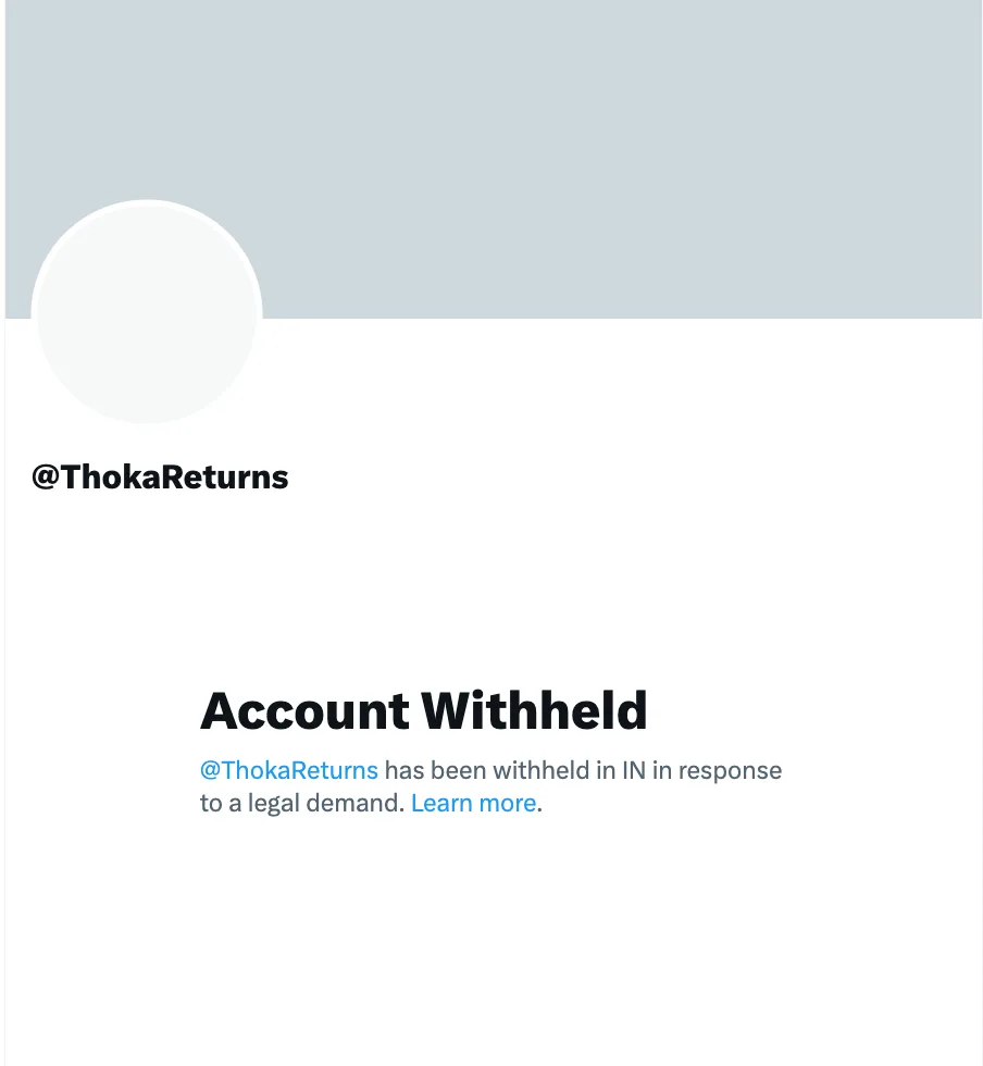 Screenshot of the withheld X account ThokaReturns linked to the fake Ajit Doval video
