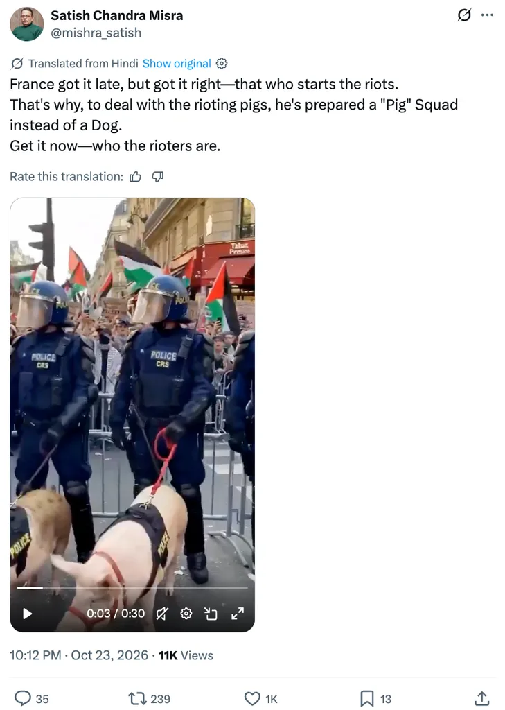 X post by mishra_satish spreading false claims about French police using a pig squad against protesters