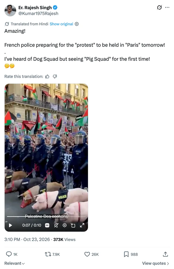 X post by Kumar1975Rajesh sharing a fake AI-generated video of French police with pigs during protests