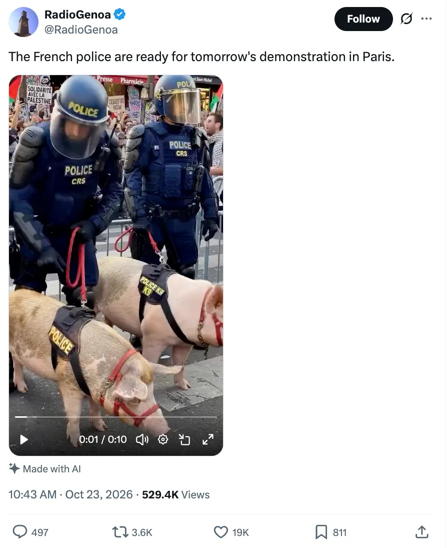 RadioGenova X post featuring the fake video with an official community note stating it is AI-generated