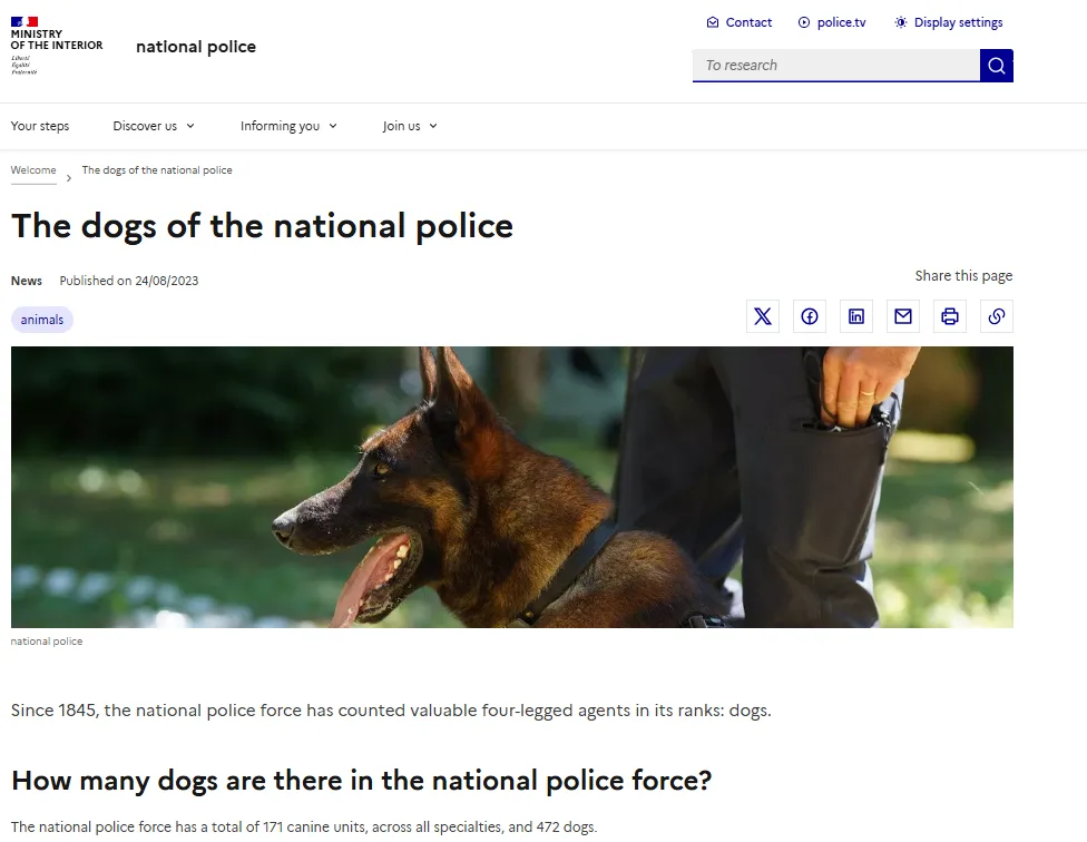 Report from the official website of the French Ministry of the Interior detailing police dogs