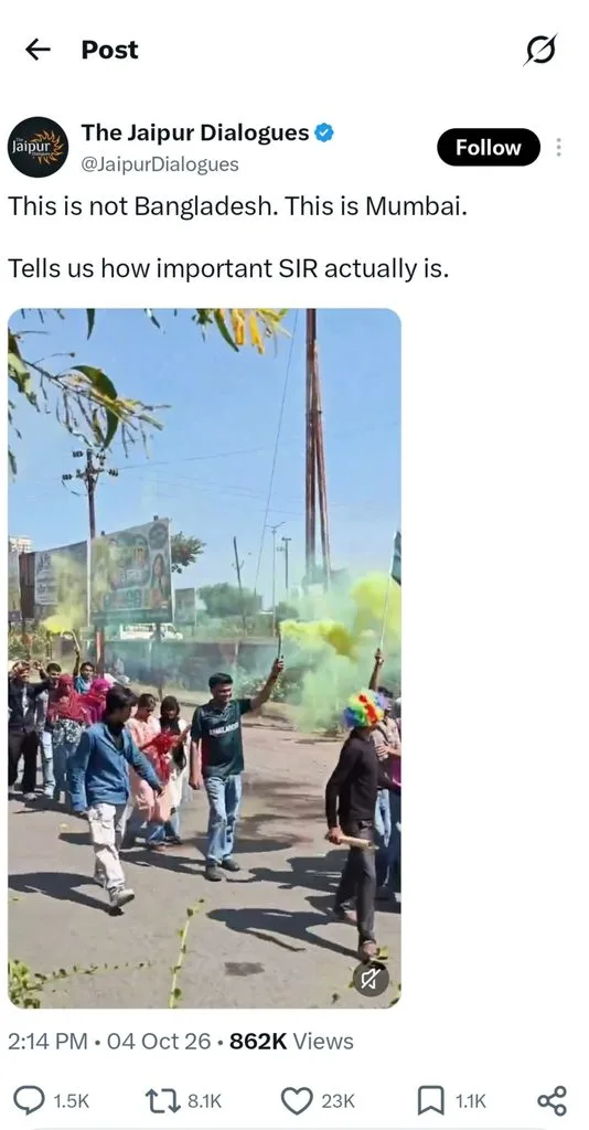 X post by The Jaipur Dialogues with viral video screenshot claiming Bangladesh flags rally in Mumbai