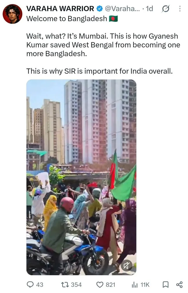 X post by VARAHA WARRIOR claiming viral video shows Bangladesh flags in Mumbai