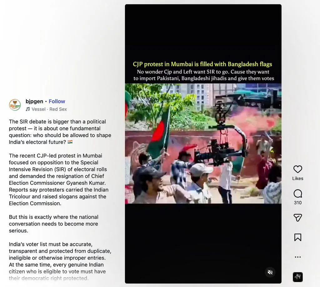 Instagram post by bjpgen claiming CJP protest in Mumbai features Bangladesh flags