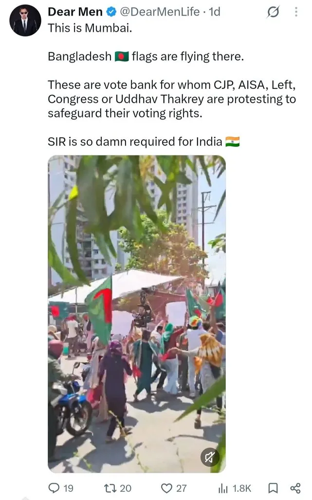 X post by Dear Men claiming viral video shows Bangladesh flags in Mumbai rally