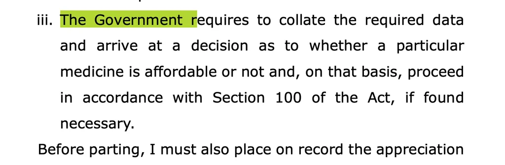 Excerpt from the Kerala High Court judgment on life-saving breast cancer drug patent rights and affordability under Section 100 of the Patents Act.