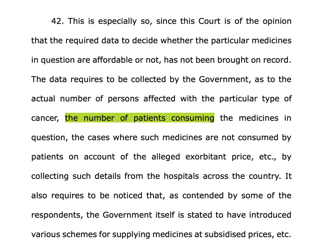 Excerpt of paragraph 42 from the Kerala High Court judgment on collecting patient data to determine the affordability of patented breast cancer drugs.