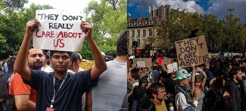Protesters holding 'They Don't Care About Us' placards during student demonstrations in New Delhi and Paris.