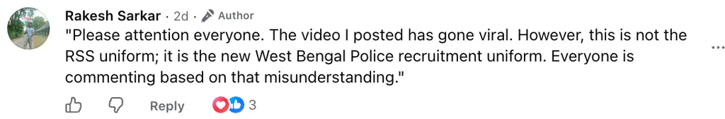 "Screenshot of Rakesh Sarkar's Facebook comment clarifying that the video shows West Bengal Police recruitment uniforms, not RSS uniforms."